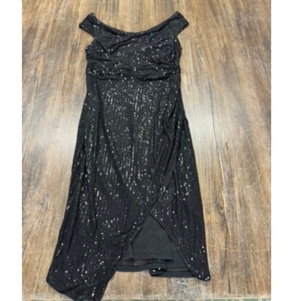 "JASAMBAC" Black Sequins Dress,Asymmetrical Hem, Sleeveless, Scoop Neck,Goth, - Picture 6 of 15